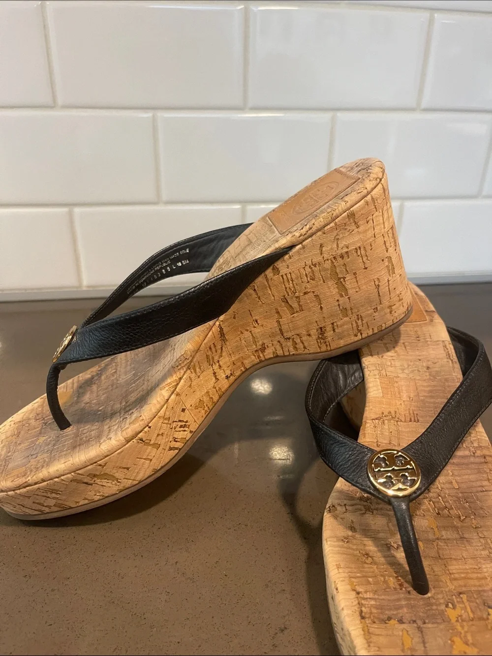 Tory Burch Black Leather Cork Wedge Thong Sandals with Gold Logo